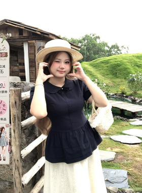 安妮不火 告白手信学院派冰感娃娃领衬衫女微胖大码收腰短袖上衣