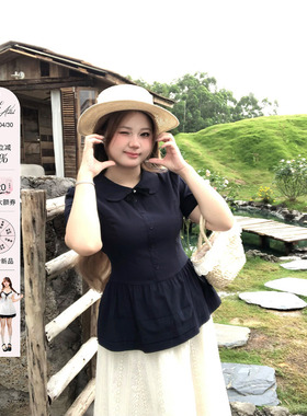 安妮不火 告白手信学院派冰感娃娃领衬衫女微胖大码收腰短袖上衣