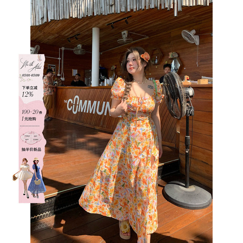 安妮不火海边度假纯棉碎花长裙女2025春夏新款微胖大码收腰连衣裙