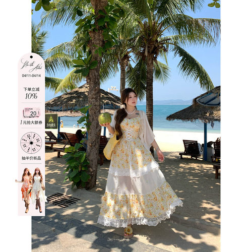 安妮不火盛夏野菊度假风碎花绑带吊带裙微胖大码裙子小雏菊连衣裙