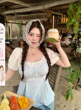 安妮不火 温柔系棉感花边假两件碎花上衣女微胖大码甜美收腰小衫