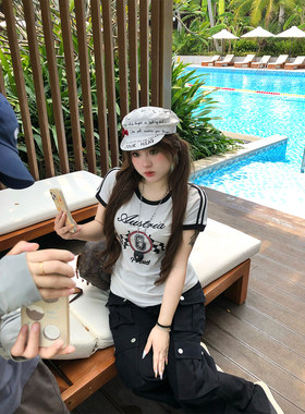安妮不火 诺丁汉8号赛车元素印花圆领T恤女微胖大码美式短袖上衣