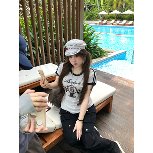 安妮不火 诺丁汉8号赛车元素印花圆领T恤女微胖大码美式短袖上衣