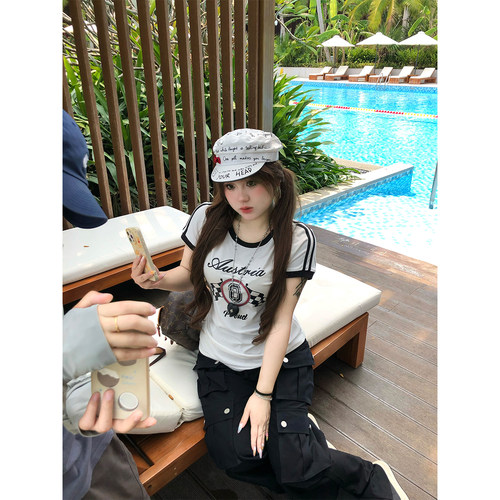 安妮不火 诺丁汉8号赛车元素印花圆领T恤女微胖大码美式短袖上衣