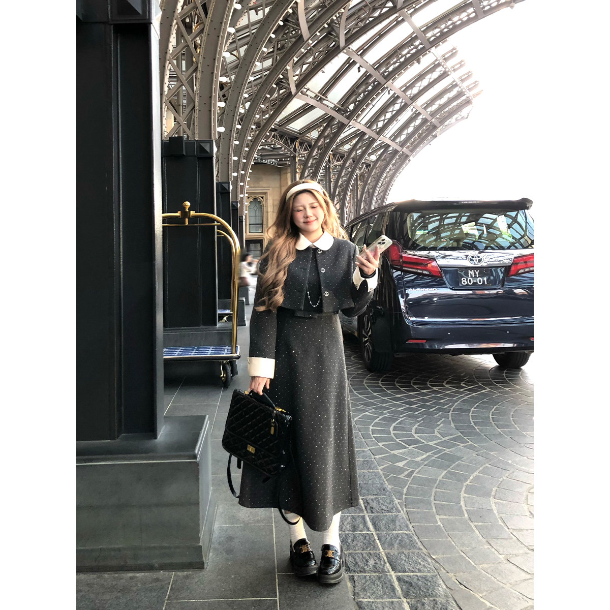 安妮不火 烫钻呢料夹棉外套连衣裙套装女微胖大码气质小香两件套 - 安妮不火