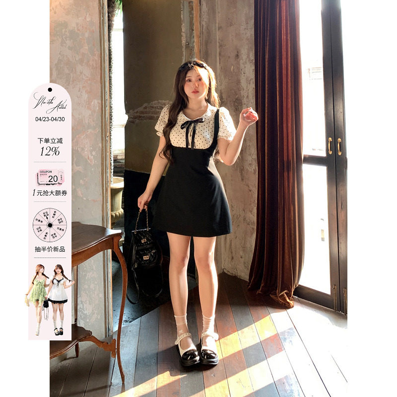 安妮不火 学院风娃娃领连衣裙女2024夏季新款微胖大码短袖小裙子