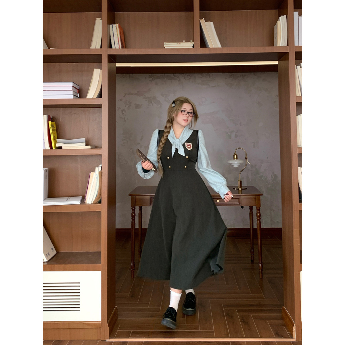 安妮不火 学院风TR西装料条纹拼接连衣裙女秋微胖大码假两件裙子