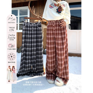 宽松格子裤 安妮不火 女微胖大码 饰格纹磨毛休闲裤 日常百搭纽扣装