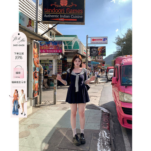 安妮不火 90%棉假两件高弹力针织连衣裙女微胖大码收腰海军小裙子