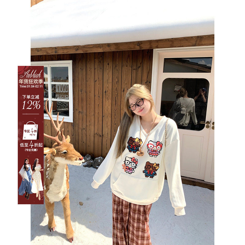 安妮不火 甜辣风kitty印花奥粒绒V领卫衣女微胖大码宽松显瘦上衣,女装/女士精品,卫衣/绒衫,淘宝优惠券,粉丝福利购,淘宝优惠卷