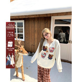 安妮不火 甜辣风kitty印花奥粒绒V领卫衣女微胖大码 宽松显瘦上衣