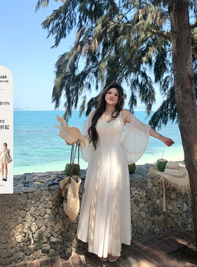 安妮不火 塞纳杏蝶笺 蝴蝶蕾丝雪纺仙女裙微胖大码收腰吊带裙套装