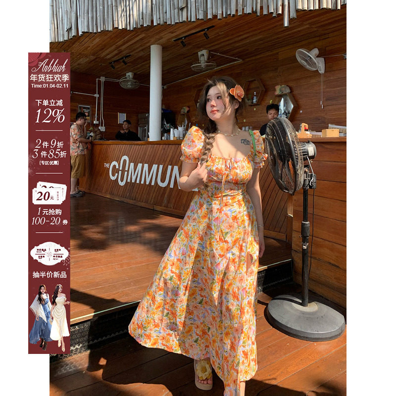 安妮不火海边度假纯棉碎花长裙女2025春夏新款微胖大码收腰连衣裙