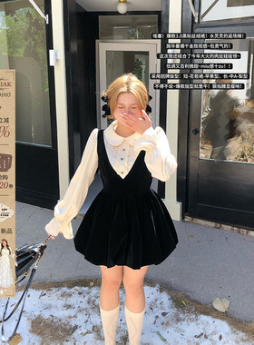 安妮不火 甜美丝绒连衣裙女2025秋冬新款微胖大码显瘦气质花苞裙