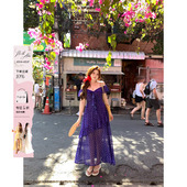 安妮不火 收腰吊带长裙 一字肩蕾花边领雪纺印花度假裙女微胖大码