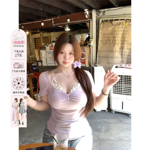 安妮不火 假两件花边拼接领莱赛尔高弹T恤女微胖大码纯欲收腰上衣
