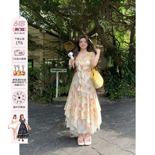 安妮不火度假风蕾丝拼接碎花裙女2025春夏新款微胖大码荷叶边长裙