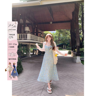 安妮不火 温柔系蕾丝花边雪纺碎花连衣裙女微胖大码收腰裙子套装