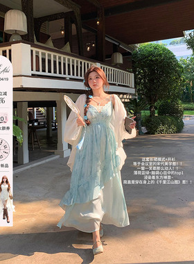 安妮不火纸舟渡松烟蕾丝花边扎染吊带裙女夏季新款微胖大码国风裙