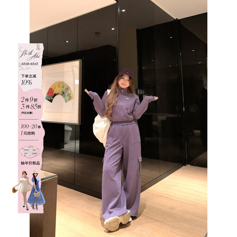 安妮不火 居家运动风修身外套休闲裤套装女微胖大码卫衣两件套装