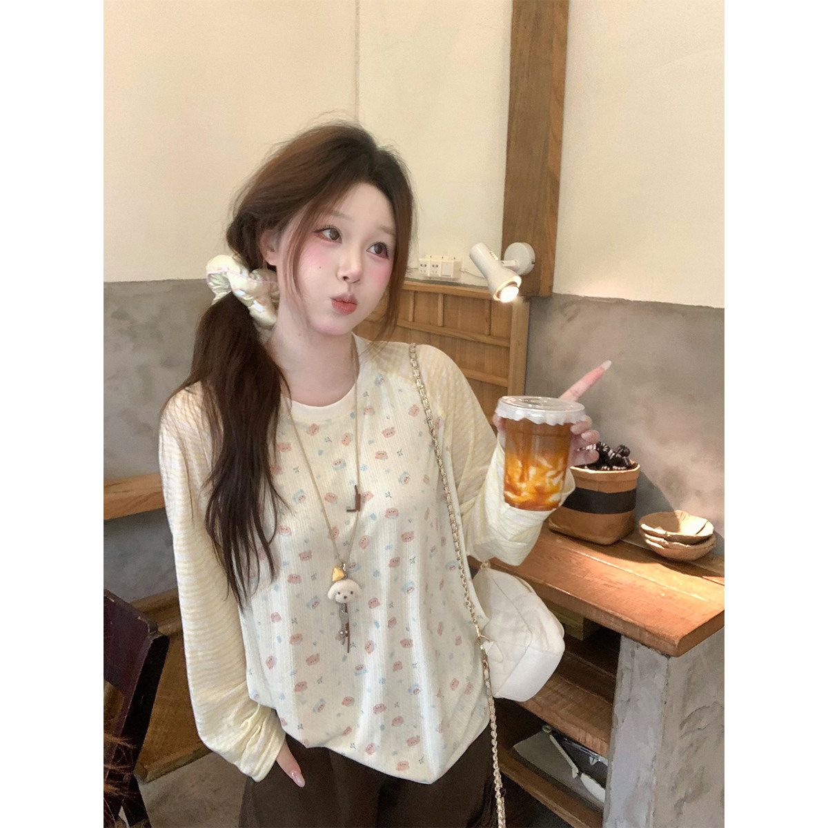 安妮不火 可爱风小熊印花撞色插肩针织T恤女微胖大码宽松长袖上衣图片