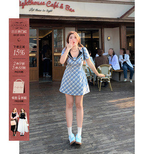微胖大码 安妮不火 新款 纹绑带连衣裙女2024夏季 收腰裙子 学院风格