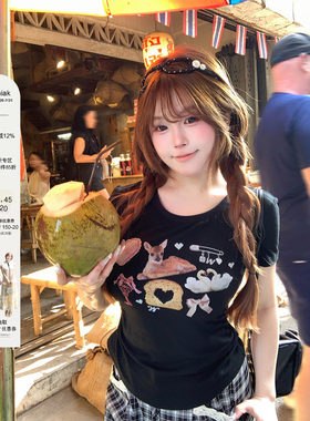 安妮不火 少女心ins风印花缩褶收腰针织T恤女微胖大码收腰小上衣