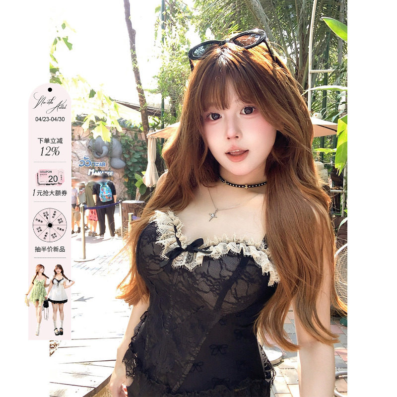 安妮不火 撞色蕾丝边蝴蝶结鱼骨塑形吊带女微胖大码纯欲显瘦上衣