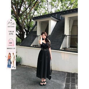 安妮不火 黑色吊带长裙 墨羽纤腰高级感收腰荡领吊带裙女微胖大码