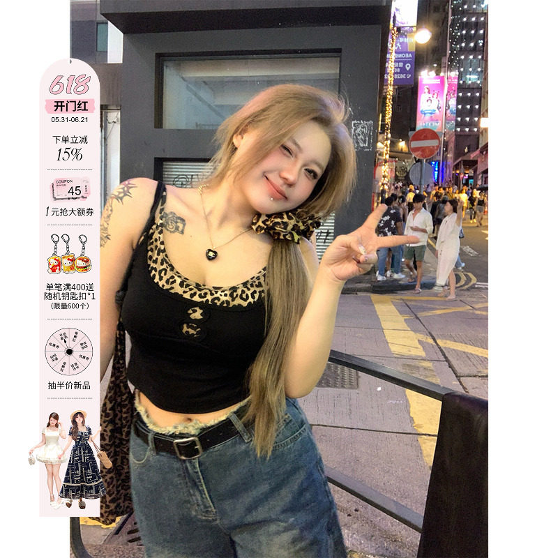 安妮不火 性感甜辣风豹纹拼接假两件吊带女2024新款微胖大码背心