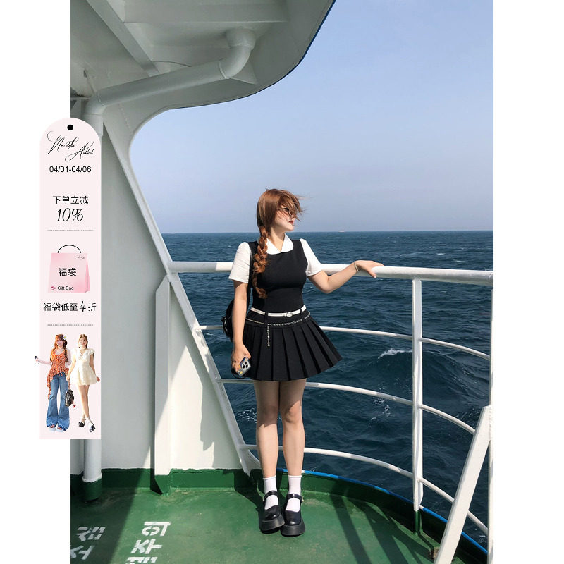 安妮不火济州文学系学院风假两件连衣裙女微胖大码韩版女主小黑裙