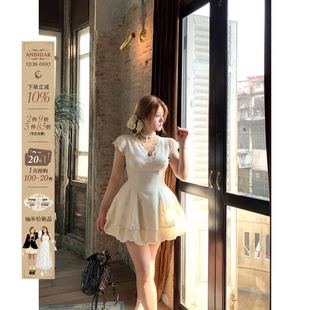 设计感收腰裙子 连衣裙微胖大码 安妮不火 塞纳白露庭镂空花小飞袖