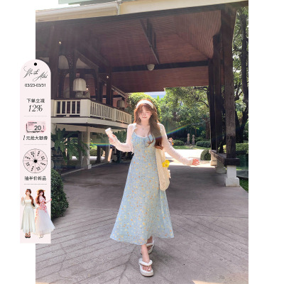 安妮不火 温柔系蕾丝花边雪纺碎花连衣裙女微胖大码收腰裙子套装