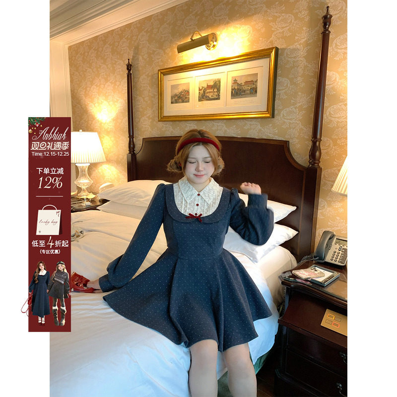 安妮不火 假两件波点印花绑带呢子连衣裙女微胖大码收腰千金风裙