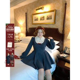 安妮不火 收腰千金风裙 假两件波点印花绑带呢子连衣裙女微胖大码