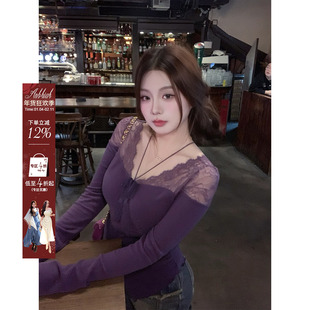 安妮不火 蕾丝拼接领高弹双面磨毛针织T恤女微胖大码半透视小上衣