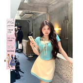 微胖大码 女夏新款 两件套 全垒打少女撞色T恤半裙针织套装 安妮不火