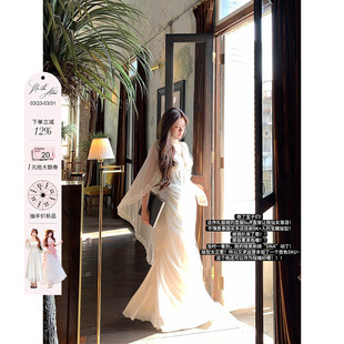 安妮不火银戒吻痕气质鱼骨雪纺女神拖尾裙女新款 半透视裙 微胖大码