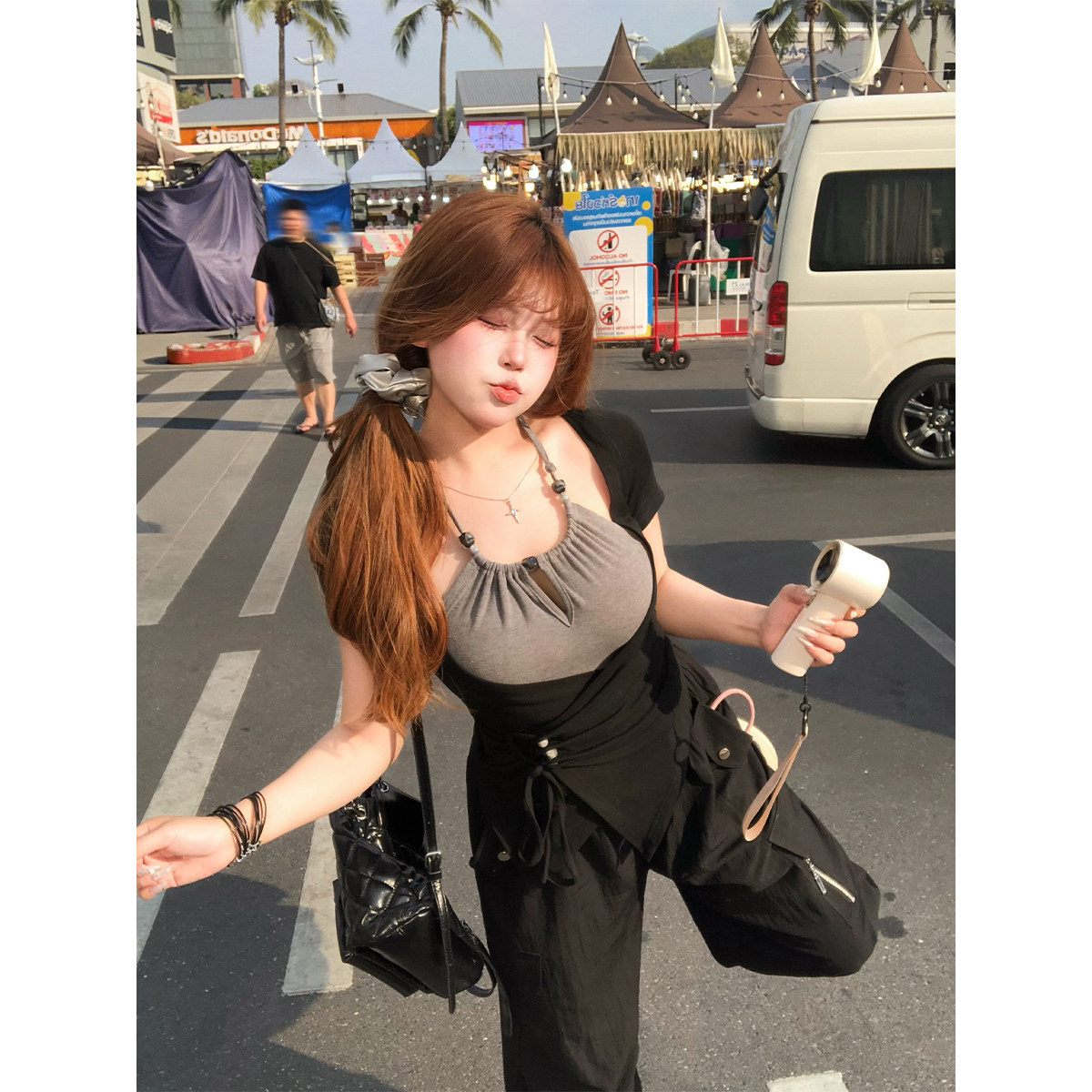 安妮不火 串珠绑带撞色假两件高弹针织T恤女微胖大码拼接收腰上衣图片