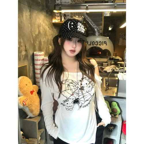 安妮不火 喵叽契约甜酷kitty印花露肩罩衫女微胖大码宽松显瘦上衣