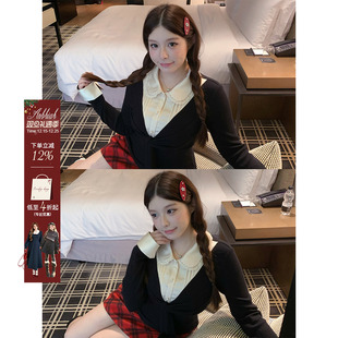 设计感长袖 女微胖大码 上衣 高智千金假两件娃娃领针织衫 安妮不火