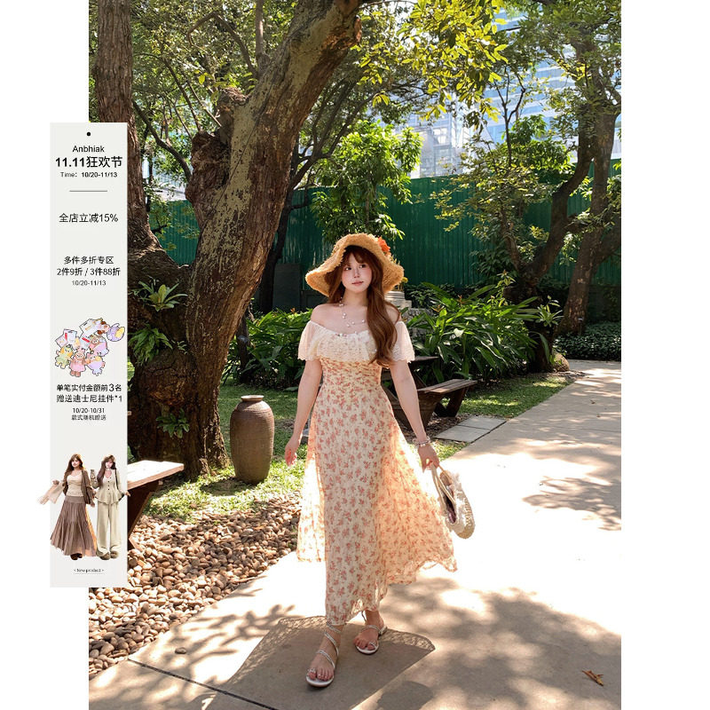 安妮不火 蕾丝花边领鱼骨收腰碎花连衣裙女微胖大码甜美系公主裙
