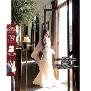 安妮不火银戒吻痕气质鱼骨雪纺女神拖尾裙女新款微胖大码半透视裙