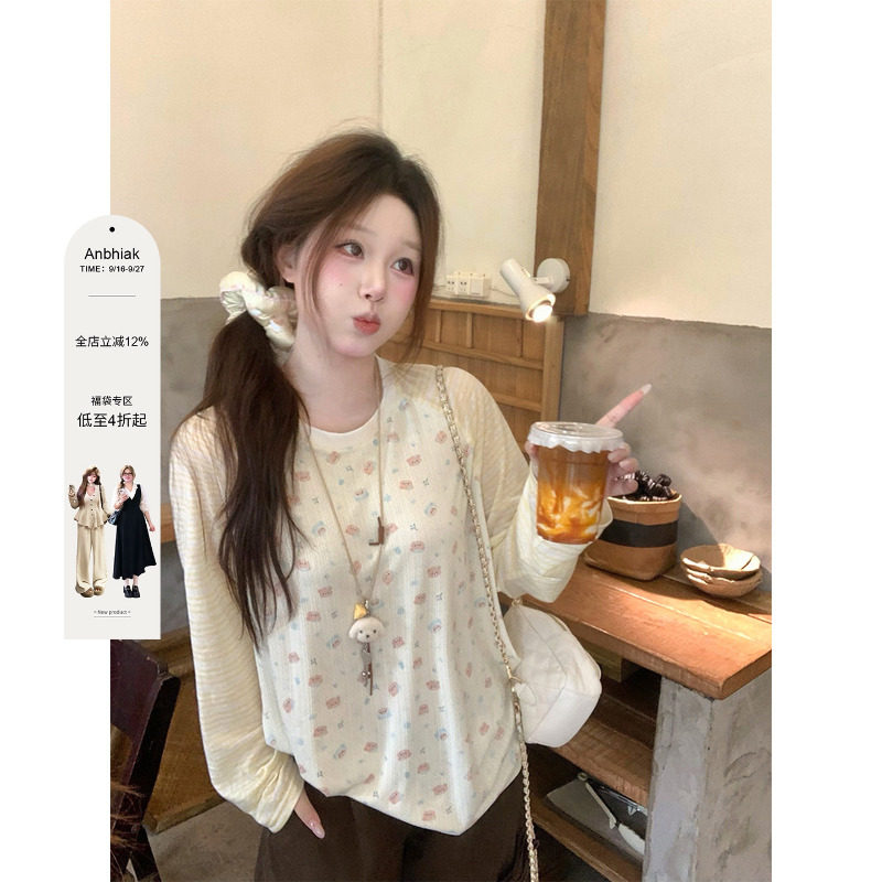 安妮不火 可爱风小熊印花撞色插肩针织T恤女微胖大码宽松长袖上衣										