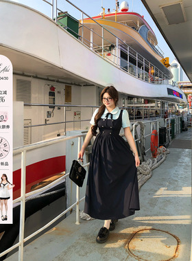 安妮不火航海手札英伦学院风撞色连衣裙女微胖大码收腰假两件裙子