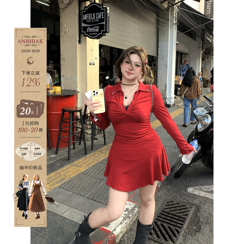 安妮不火哥特风掐腰针织连衣裙女2025春夏新款微胖大码长袖收腰裙