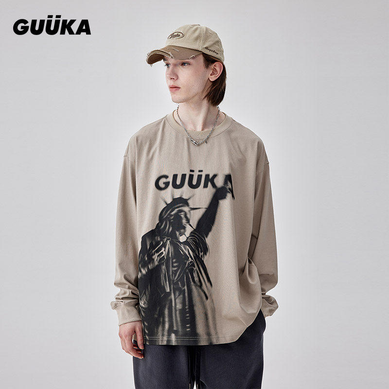 GUUKA浅杏色重磅长袖T恤男潮春坏学生美式复古自由女神上衣宽松