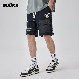 GUUKA黑色罗比兔绣花短裤男夏季潮 情侣嘻哈织带拼接五分裤子宽松