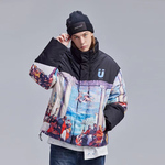 GUUKA潮牌黑色半高领羽绒服男 冬季新款艺术感油画棉服外套宽松