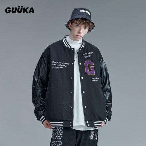 GUUKA潮牌毛呢拼接PU皮棒球服